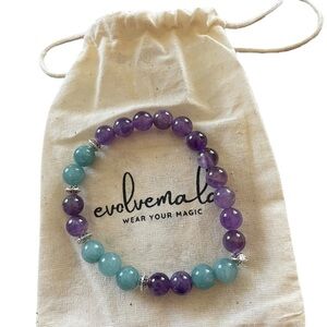 NEW Amethyst & Aquamarine Beaded Stainless Steel Elastic Bracelet by Evolve Mala